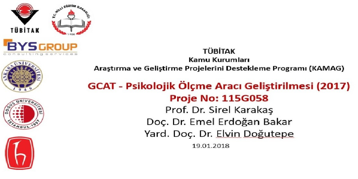 TÜBİTAK Kamu Kurumları  Araştırma ve Geliştirme Projelerini Destekleme Programı (KAMAG)   GCAT - Psikolojik Ölçme Aracı Geliştirilmesi (2017) Proje No: 115G058
